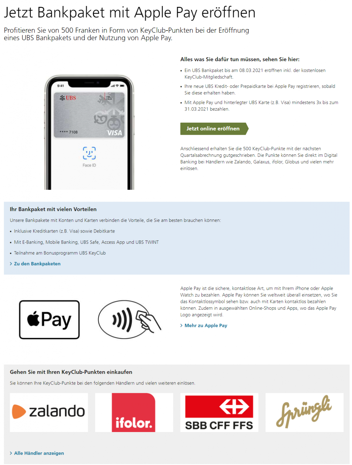 UBS CHF 500. in bei Eröffnung Bankpaket mit Apple Pay
