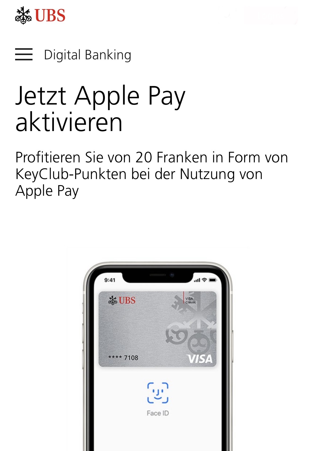 UBS CHF 20. in bei dreimaliger Zahlung mit Apple Pay