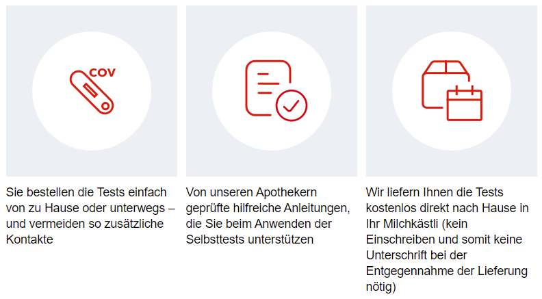 Sie bestellen die Tests einfach von zu Hause oder unterwegs – und vermeiden so zusätzliche Kontakte. Von unseren Apothekern geprüfte hilfreiche Anleitungen, die Sie beim Anwenden der Selbsttests unterstützen. Wir liefern Ihnen die Tests kostenlos direkt nach Hause in Ihr Milchkästli (kein Einschreiben und somit keine Unterschrift bei der Entgegennahme der Lieferung nötig).