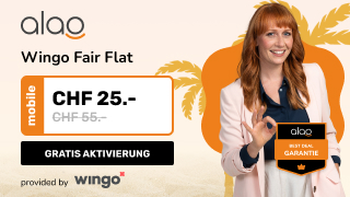 Wingo Fair Flat für CHF 25.- / Mt. bei alao (CH alles unlimitiert, 2GB Roaming/Mt. in EU) + CHF 75.- Offerz Gutschein geschenkt