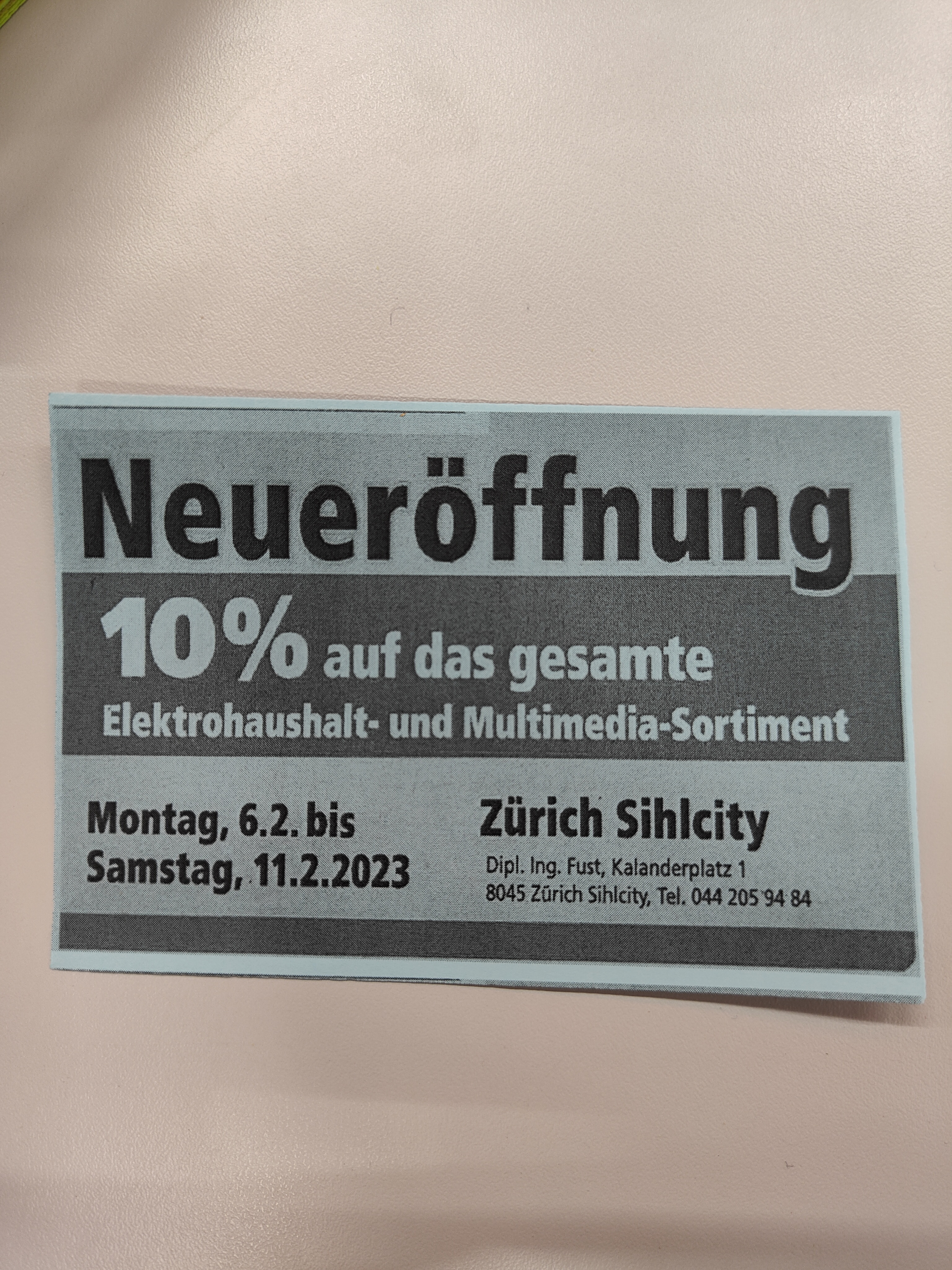 [lokal ZH] 10% Offline auf alles Fust Sihlcity Zürich