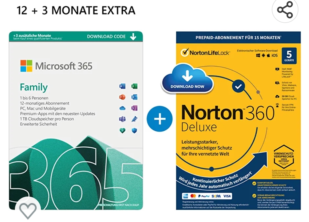 Microsoft 365 15 months to 6 machines & Norton 360 deluxe 15 months 5 machines les than 55 CHF