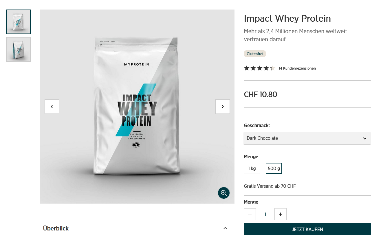Preisfehler MyProtein Impact Whey Protein Dark Chocolate & Salted Caramel 500g für 6.15 Franken
