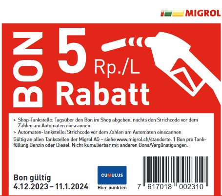 Migrol Gutschein für 5 Rappen / Liter Treibstoffrabatt – Gültig bis 11.01.24
