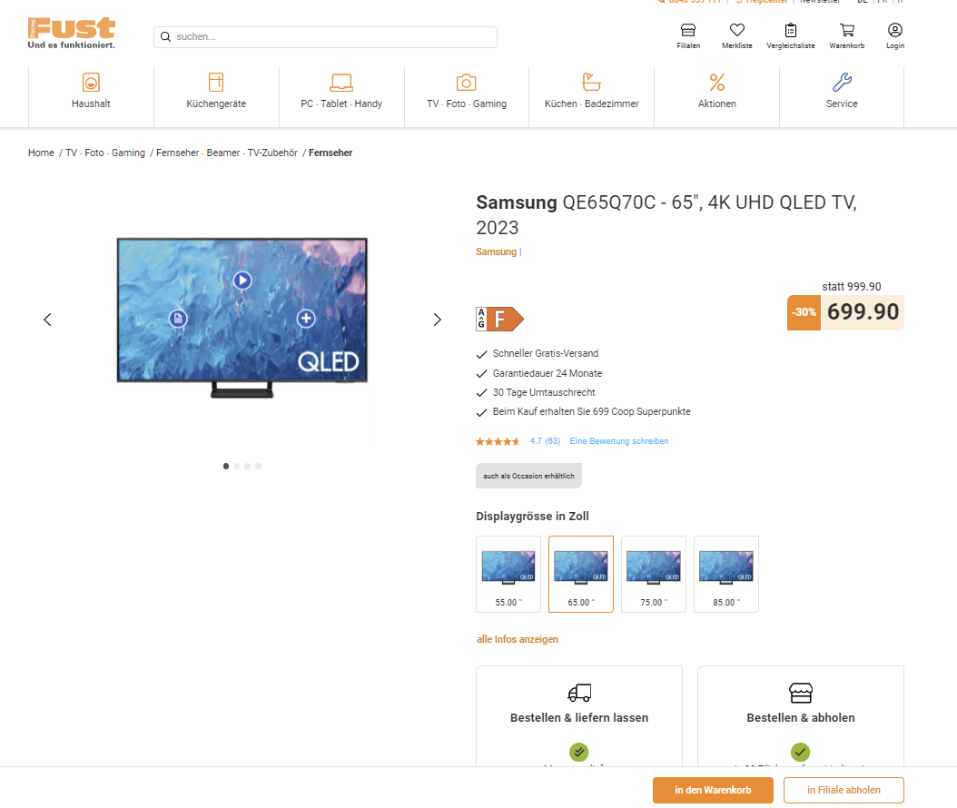 Samsung QE65Q70C (65″, 4K@120Hz UHD QLED TV, 2023) bei Fust für CHF 699.90