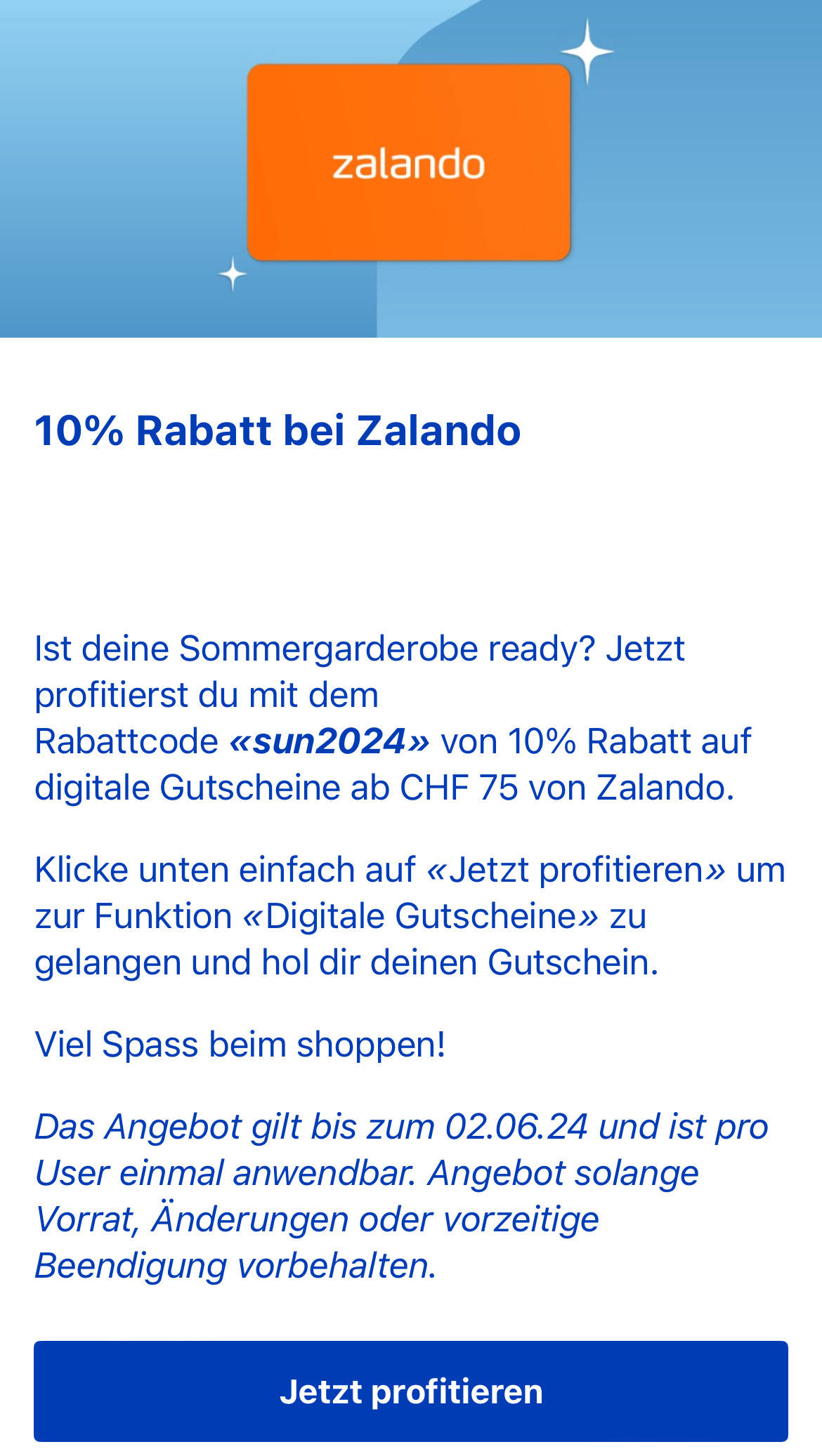 10 % Rabatt auf Zalando-Gutscheine ab CHF 75.- Gültig bis 02.06.