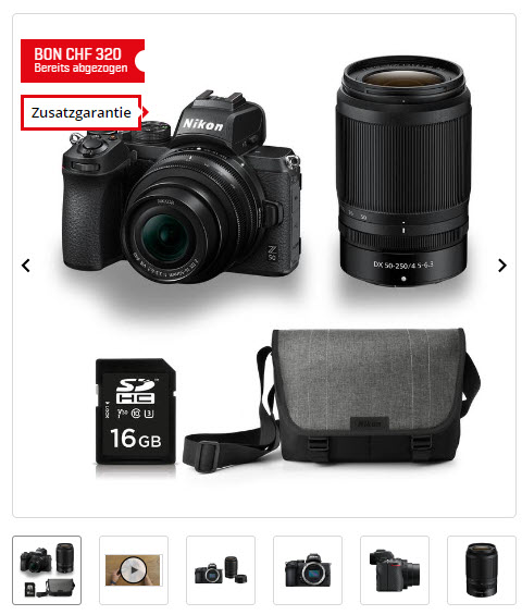 Nikon 10% + Sofortrabatt bei Interdiscount ( Beispiel: Z50 Doppelzoom Kit mit Gratis Tasche)