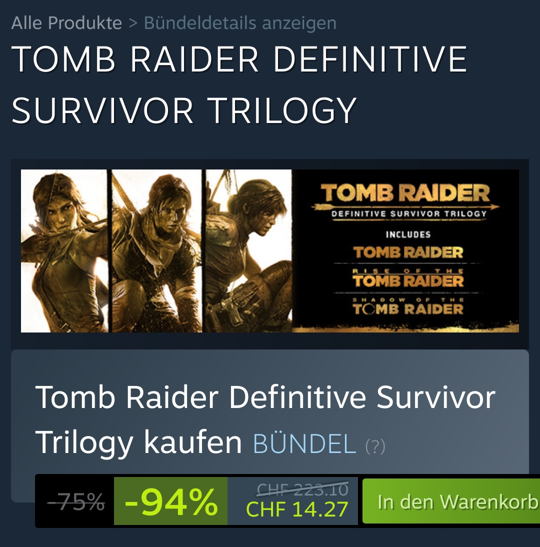 Tomb Raider 2013 + Rise of the Tomb Raider 2016 + Shadow of the Tomb Raider 2018 für CHF 14.27 auf Steam