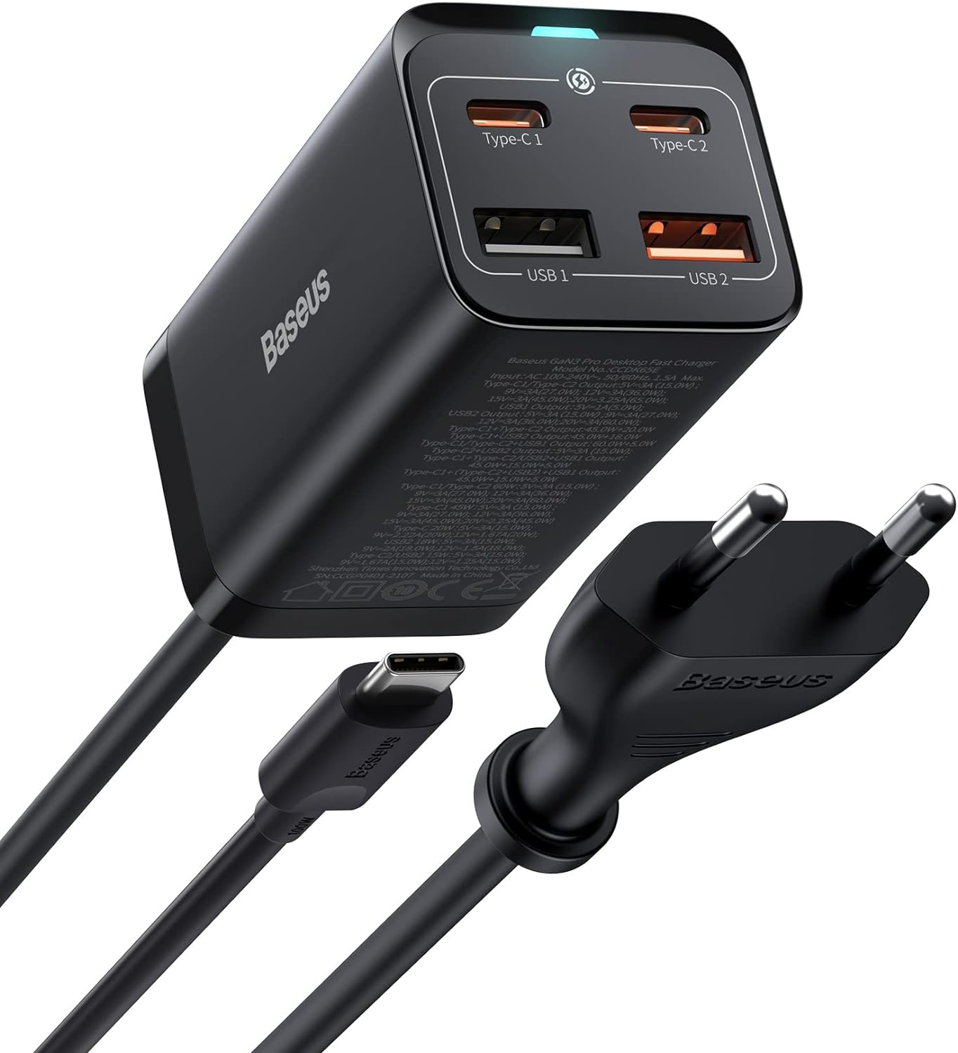 Baseus USB C Ladegerät, 65W Netzteil 4 Ports GaN Charger mit 1.5m AC Kabel bei Amazon/ AliExpress