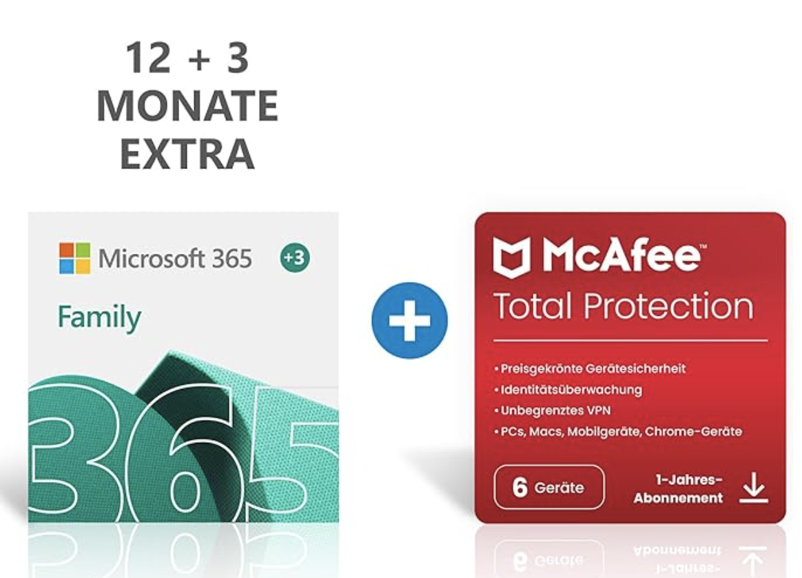 Befristetes Angebot: Microsoft 365 Family 12+3 Monate Abonnement  + McAfee Total Protection  bei Amazon