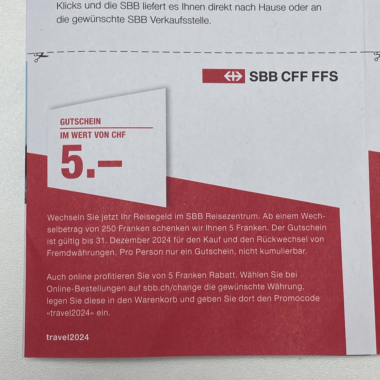 SBB Change Geldwechsel Gutschein CHF 5.- Rabatt