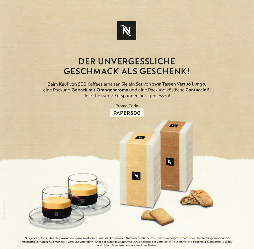 Nespresso – 2 Vertuo Lungo-Tassen + 2 Packungen Gebäck gratis ab 500 Kapseln