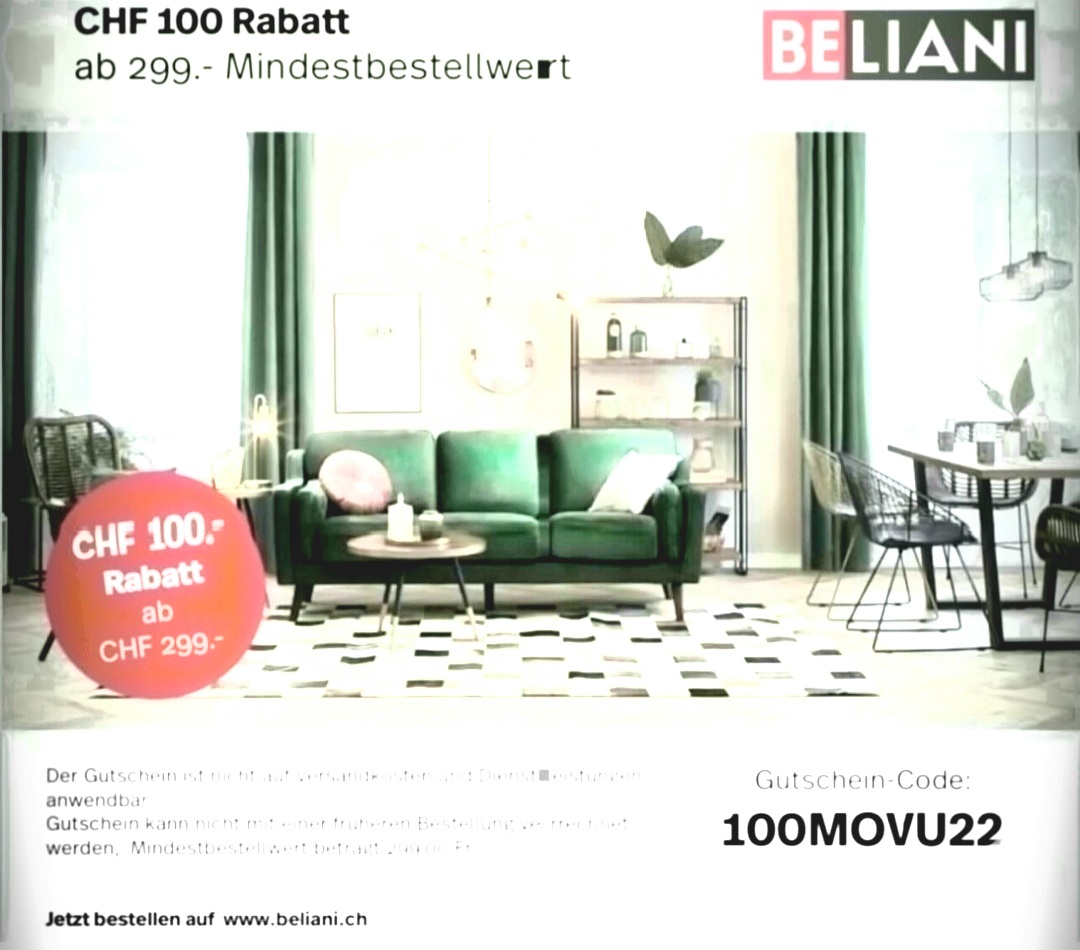 Beliani Gutschein 100.- Franken Rabatt ab 299.- Franken
