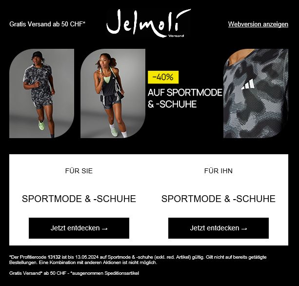 Jelmoli Shop Gutschein für 40% Rabatt auf Sportmode & – uns Schuhe bis heute um Mitternacht!
