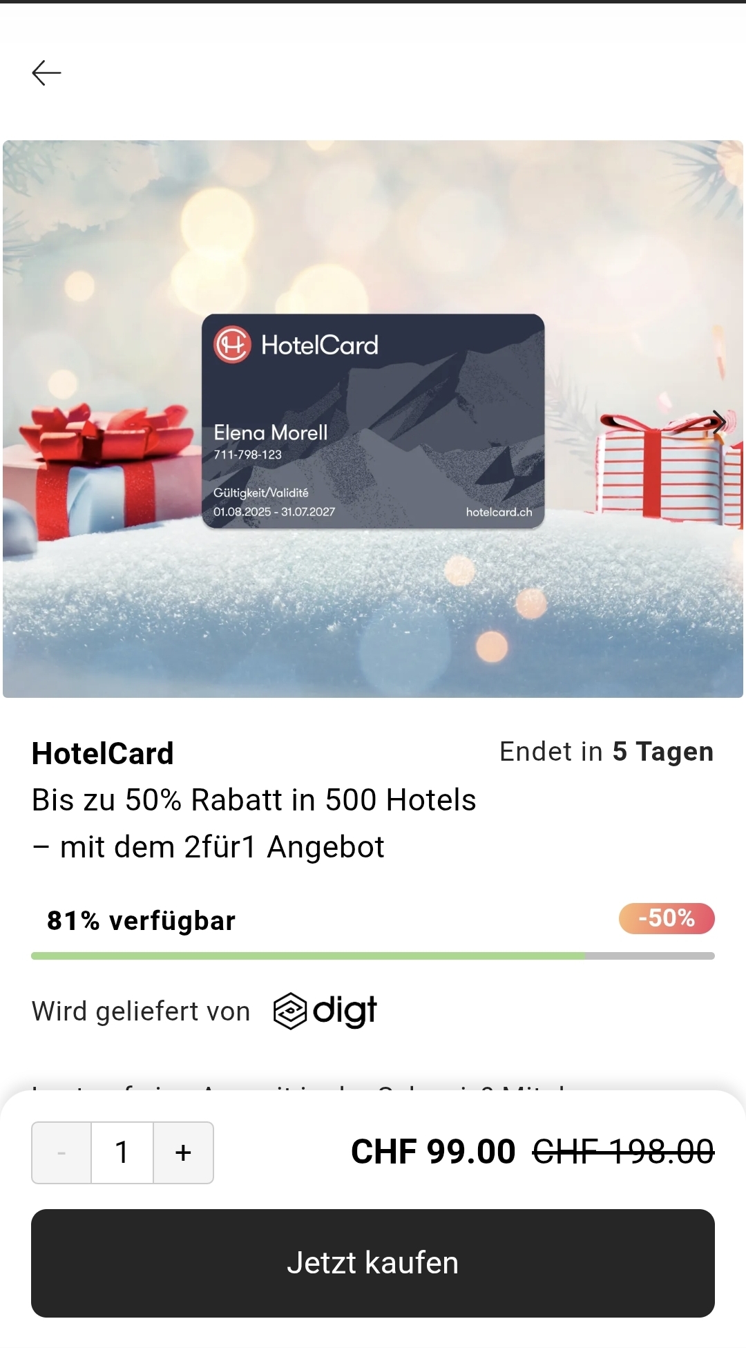 HotelCard bi Twint Deals für 99.- Franken.