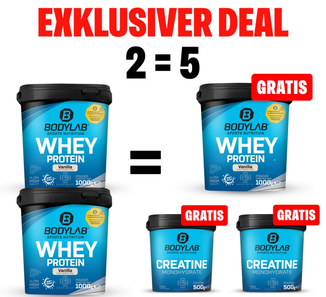Bodylab Black Deal 5für2: 3x 1kg Whey-Protein & 2x 500g oder 1x 500g Kreatin + 120 hochdosierte Omega-3 Kapseln