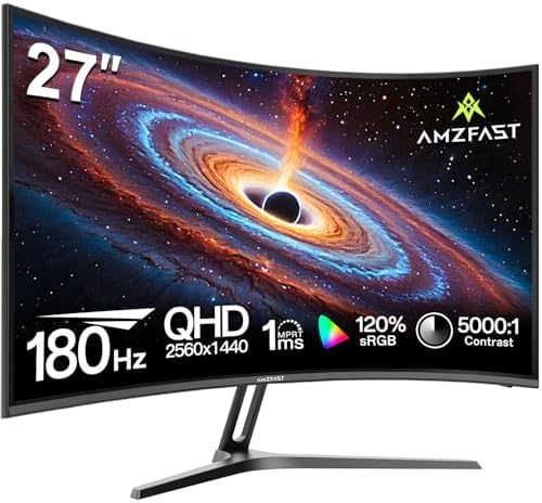 Amzfast 27″ Curved Gaming Monitor – 180Hz, QHD, 1ms, HDR10, Adaptive Sync