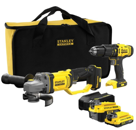 Stanley Akku-Schlagbohrschrauber + Akku-Winkelschleifer 125 mm inkl. 2.0 + 4.0 Ah Akkus, 2 A Schnell-Ladegerät + 5 J. Garantie bei Jumbo