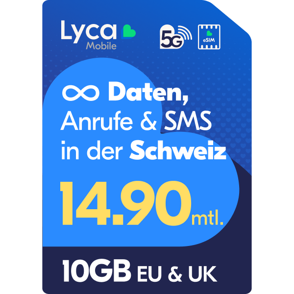 Handyabo von Lyca Mobile: alles unlimitiert in CH (300GB mit 5G), 10GB EU/UK + gratis Aktivierung
