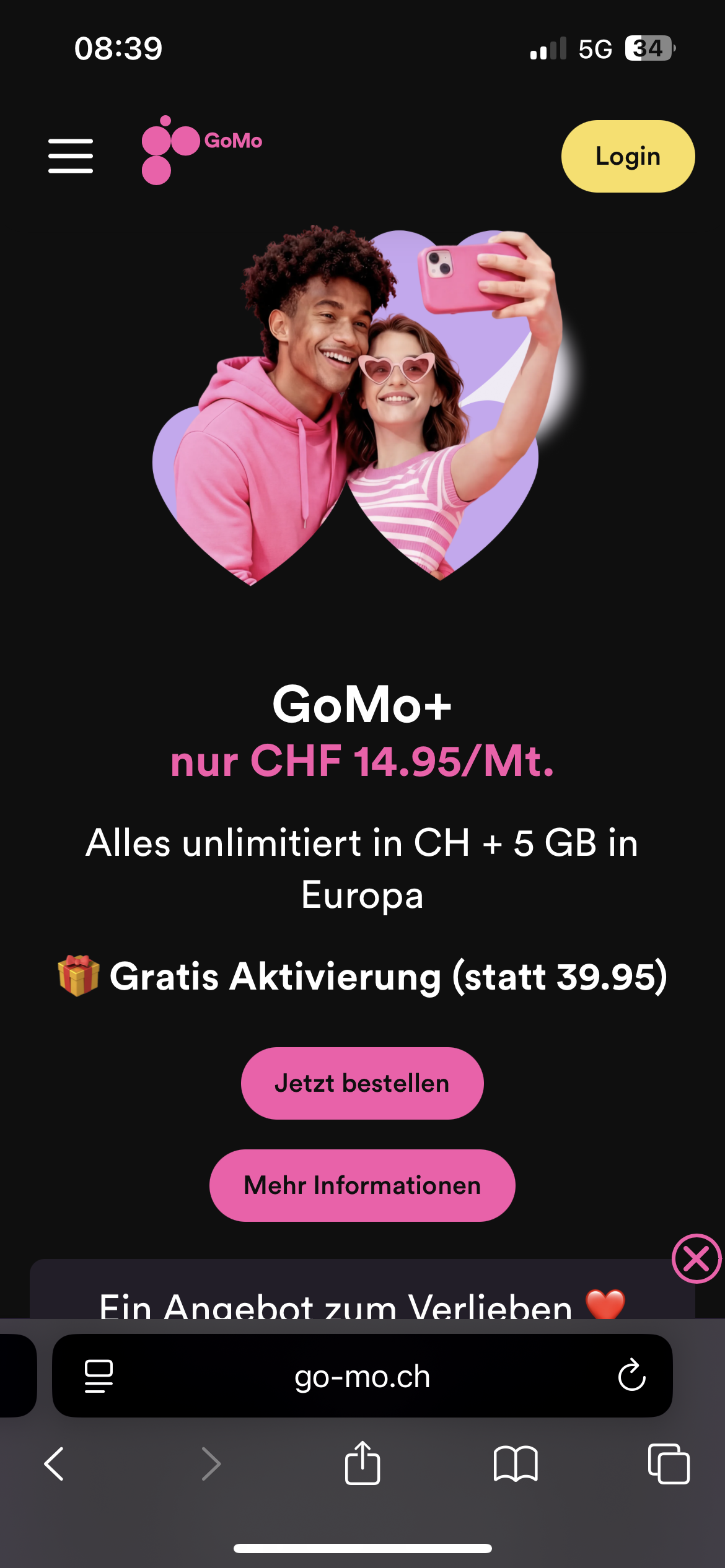 GoMo+ Handyabo Alles unlimitiert in CH + 5 GB in Europa + Gratis Aktivierung