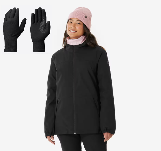 Warme und wasserdichte Skijacke für Damen 100 WEDZE + Trekking-Unterhandschuhe bei Decathlon