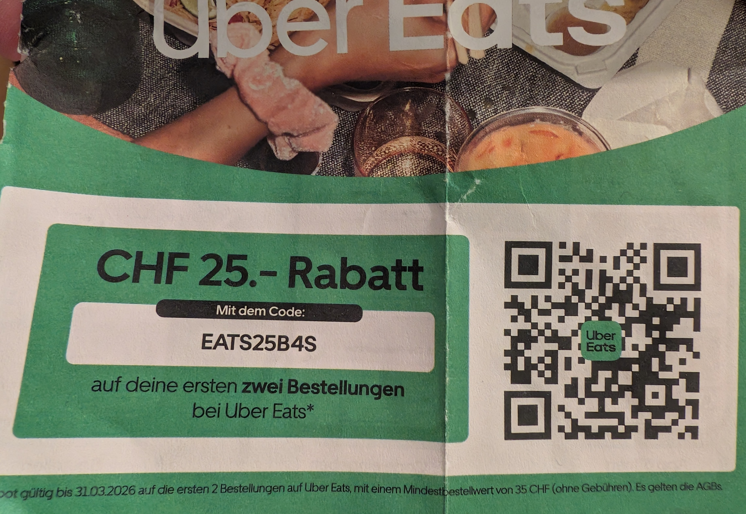Uber Eats: CHF 25.- Rabatt auf die ersten zwei Bestellungen (MBW CHF 35.-)