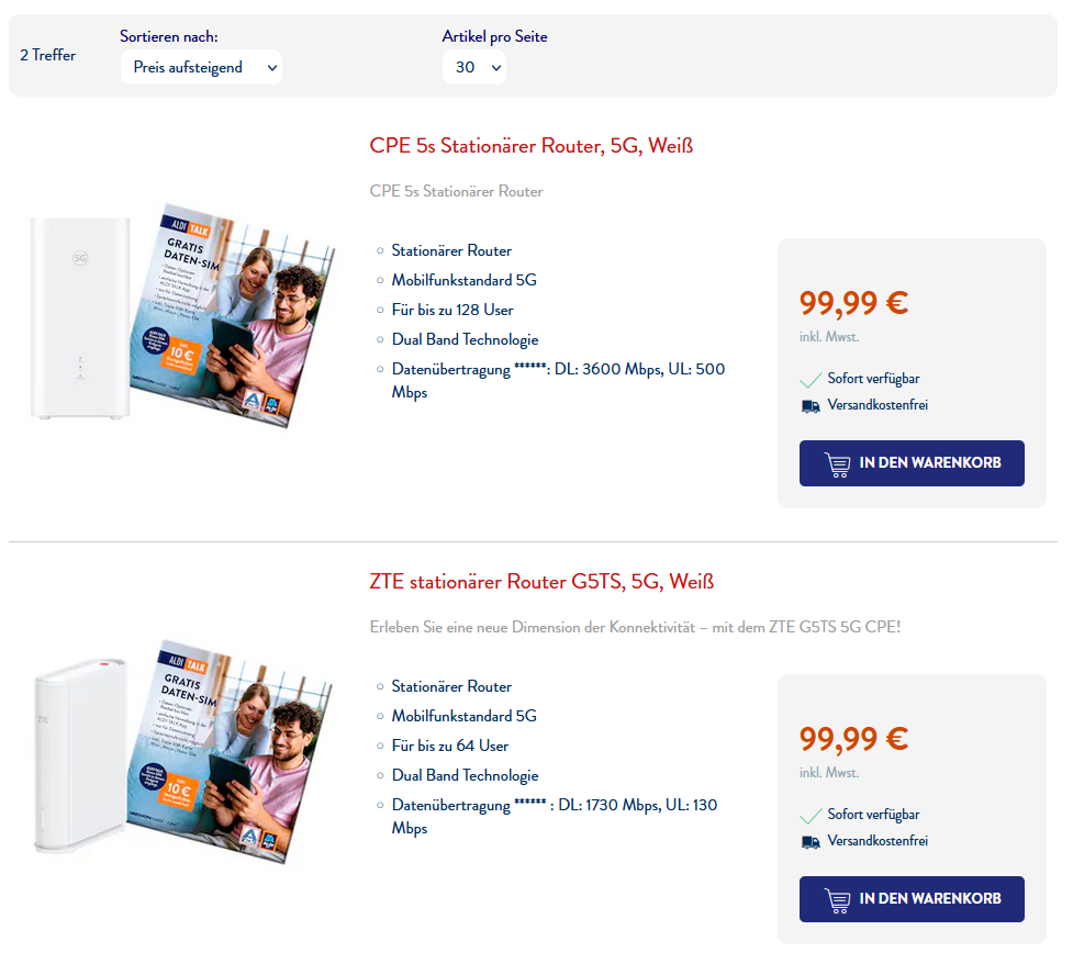 Huawei CPE 5s Router, 5G, und ZTE Router G5TS, 5G zu je ca. 95.- CHF Aldi Talk, Grenzgänger D, Paketshop