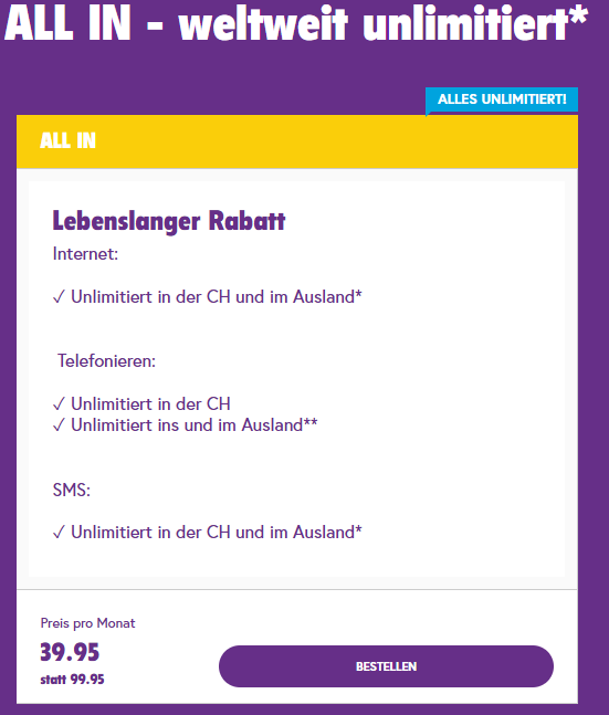 TalkTalk All In mit 50% Rabatt während 6 M. (CH alles unlimitiert, 40 GB Roaming & unlimitierte Telefonie, SMS ins & im Ausland)