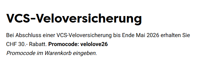 VCS-Veloversicherung mit CHF 30.- Rabatt