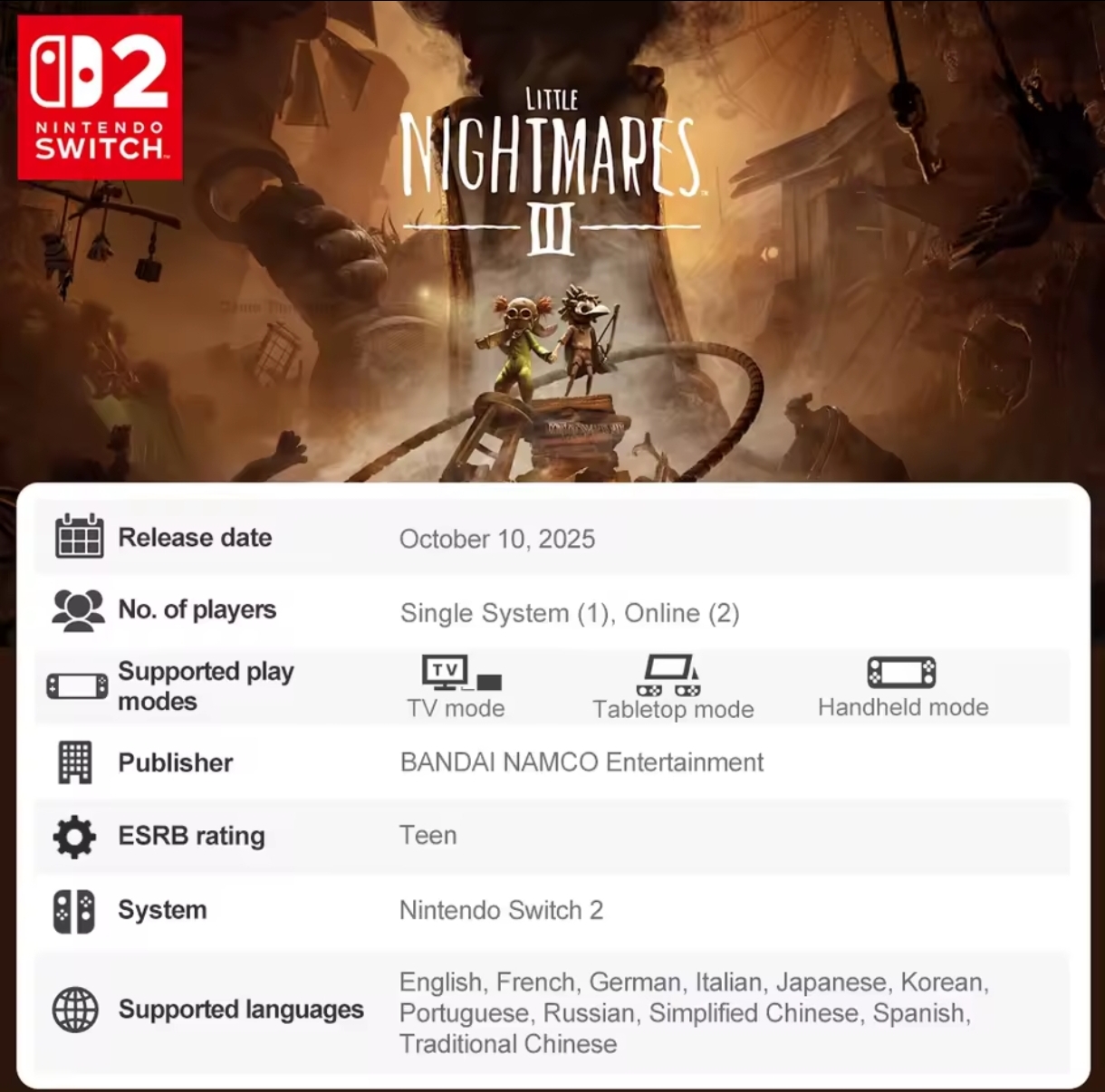 «Little Nightmares 3» für Nintendo Switch 2 / 100 % original Cartridge / 1–2 Spieler / DE-Texte
