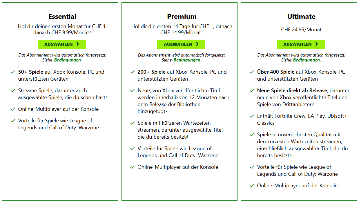 xbox game pass tabelle unterschiede differences
