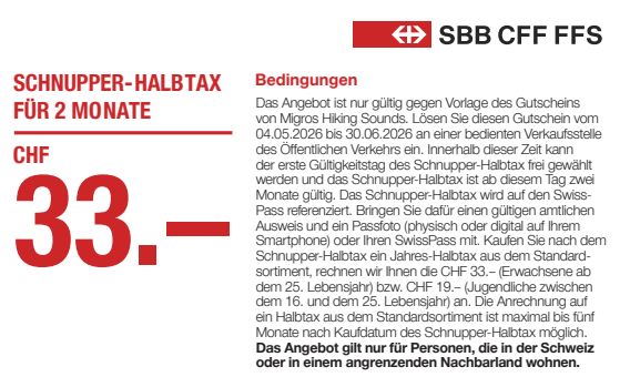 Schnupper-Halbtax Gutschein für 2 Monate, gültig 4.5.-30.6. und 3.8.-27.9.