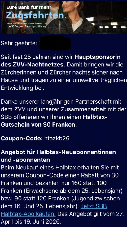 30 CHF Rabatt auf Halbtax