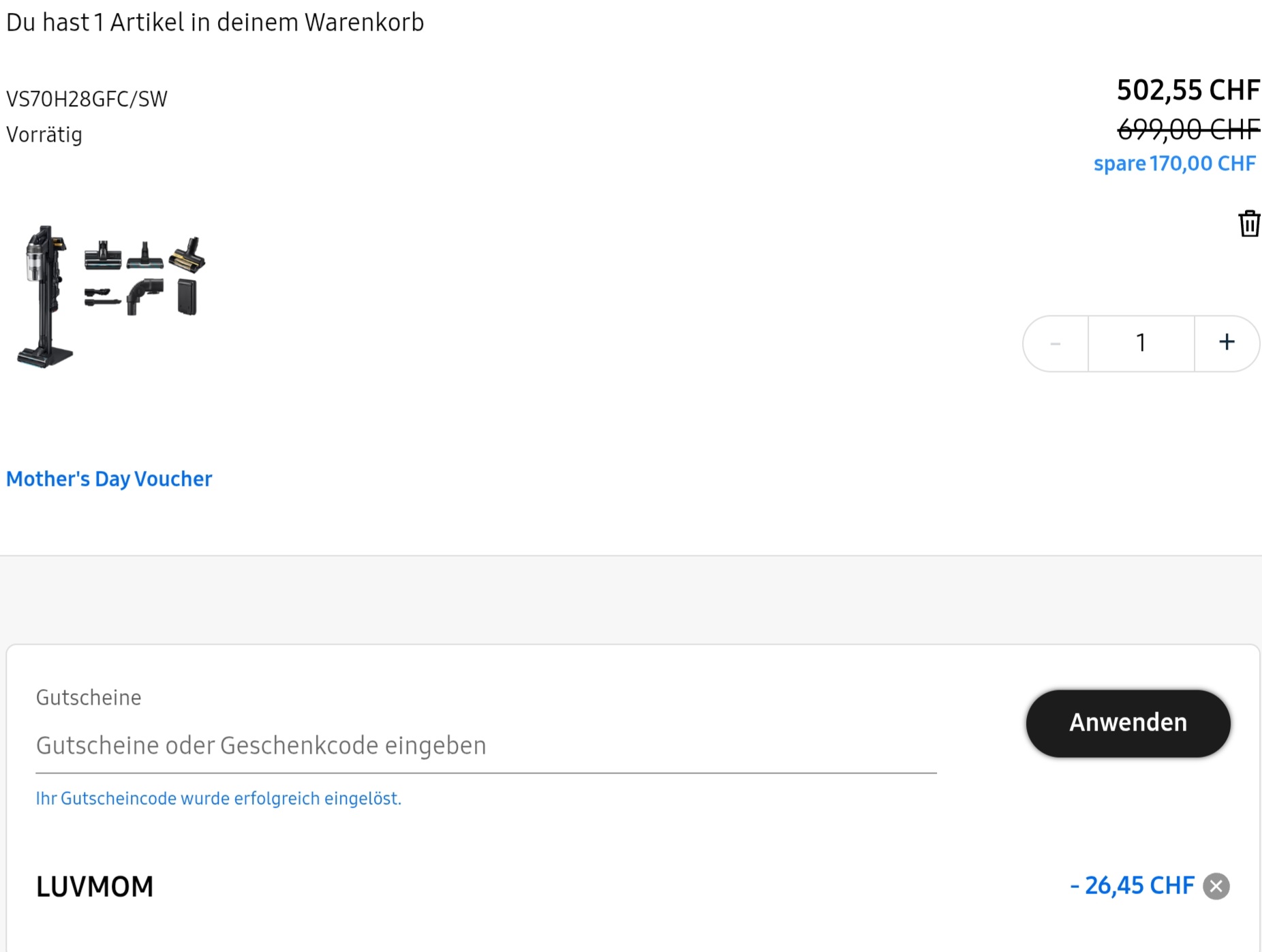 Rabatt oder Geschenk mit Code LUVMOM (z.B. Samsung Jet 95S Staubsauger)