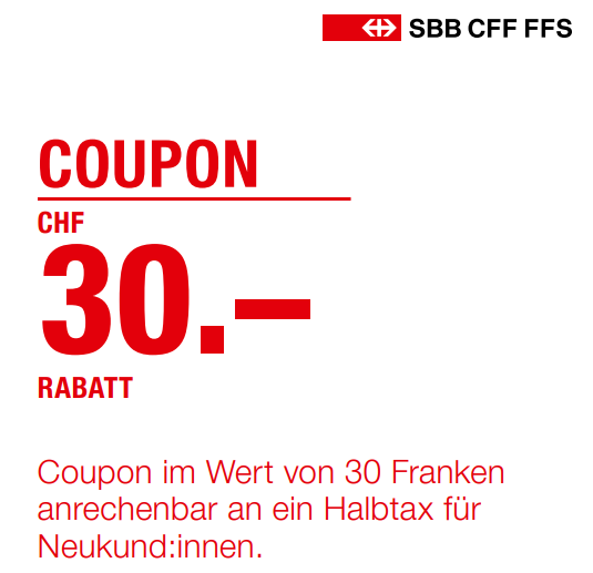 30 Franken Rabatt auf das Halbtax-Abo (auch online)