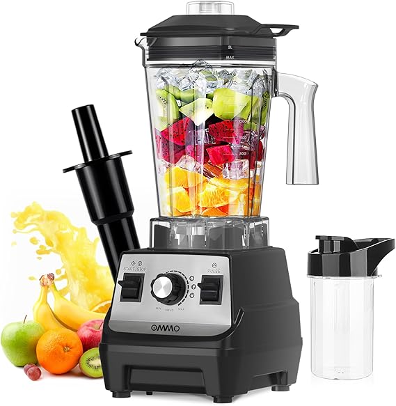 OMMO 1.8 L Standmixer Hochleistungsmixer, Smoothie Maker, 300 ml To-Go Becher, 6-fach Metallmesser, Pulsfunktion, Max 1800 W, BPA-freier Becher, Eiscrusher, Protein Shake Mixer