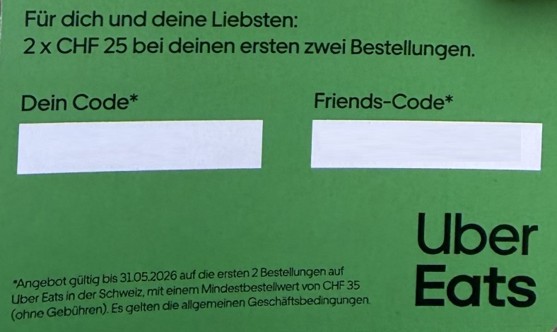 UberEats 25.- Gutschein ab 35.-