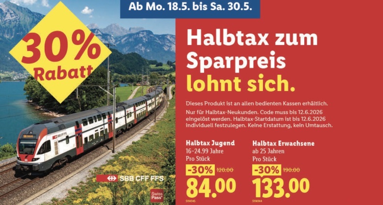 SBB Halbtax 30% Rabatt bei Lidl ab 18. Mai