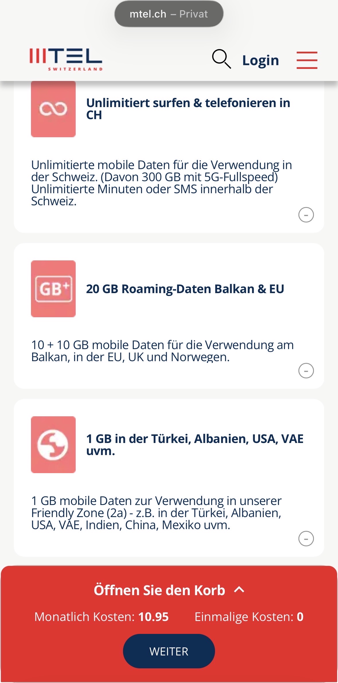 Mtel My World S ohne Bindung 10.95.-, Schweiz alles unlimitiert + EU Roaming und Telefonie 20 GB / 1000 Min.