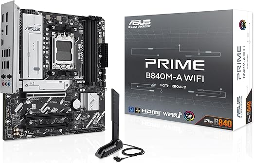 Zum neuen Bestpreis: ASUS Prime B840M-A WiFi Motherboard Socket AMD AM5 (AMD B840, mATX, DDR5 Memory, 3X M.2, PCIe 4.0, WiFi 6E, Aura Sync)