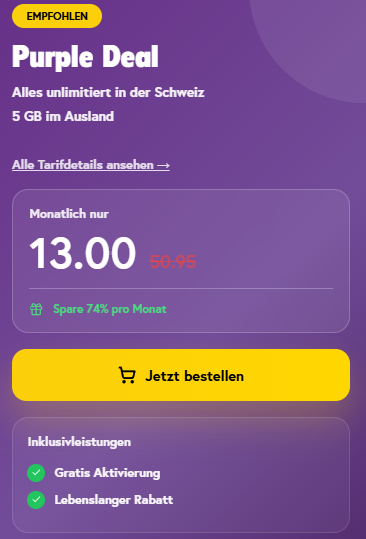 TalkTalk Purple Deal Handy-Abo (CH alles unlimitiert + 5 GB Roaming im Ausland) + Gratis-Aktivierung