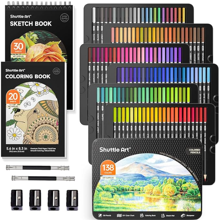 Shuttle Art 138 professionelles Buntstifte Set, mit 1 Malbuch, 1 Skizzenbuch, 4 Spitzern und 2 Stiftverlängerung, Holzstifte