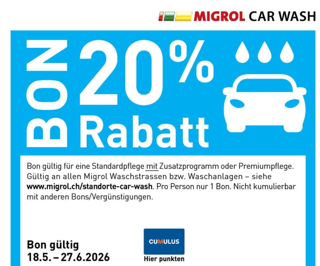 Migrol Car Wash: 20% Rabattbon für Standardpflege mit Zusatzprogramm oder einer Premiumpflege