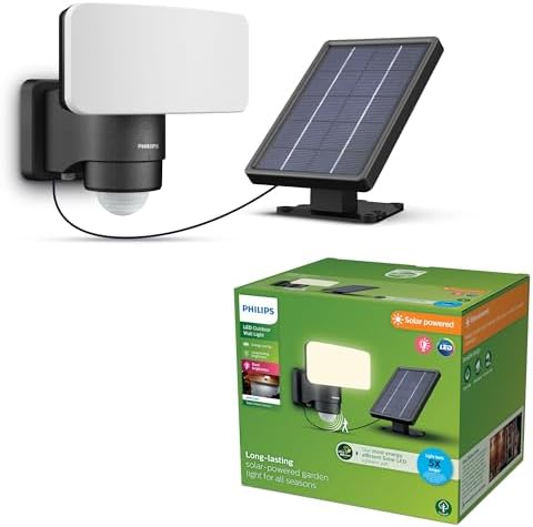 Philips Tylus Solar Sicherheitsleuchte für den Aussenbereich mit Sensor, 3000K Weisslicht, 1000/50lm, Schwarz