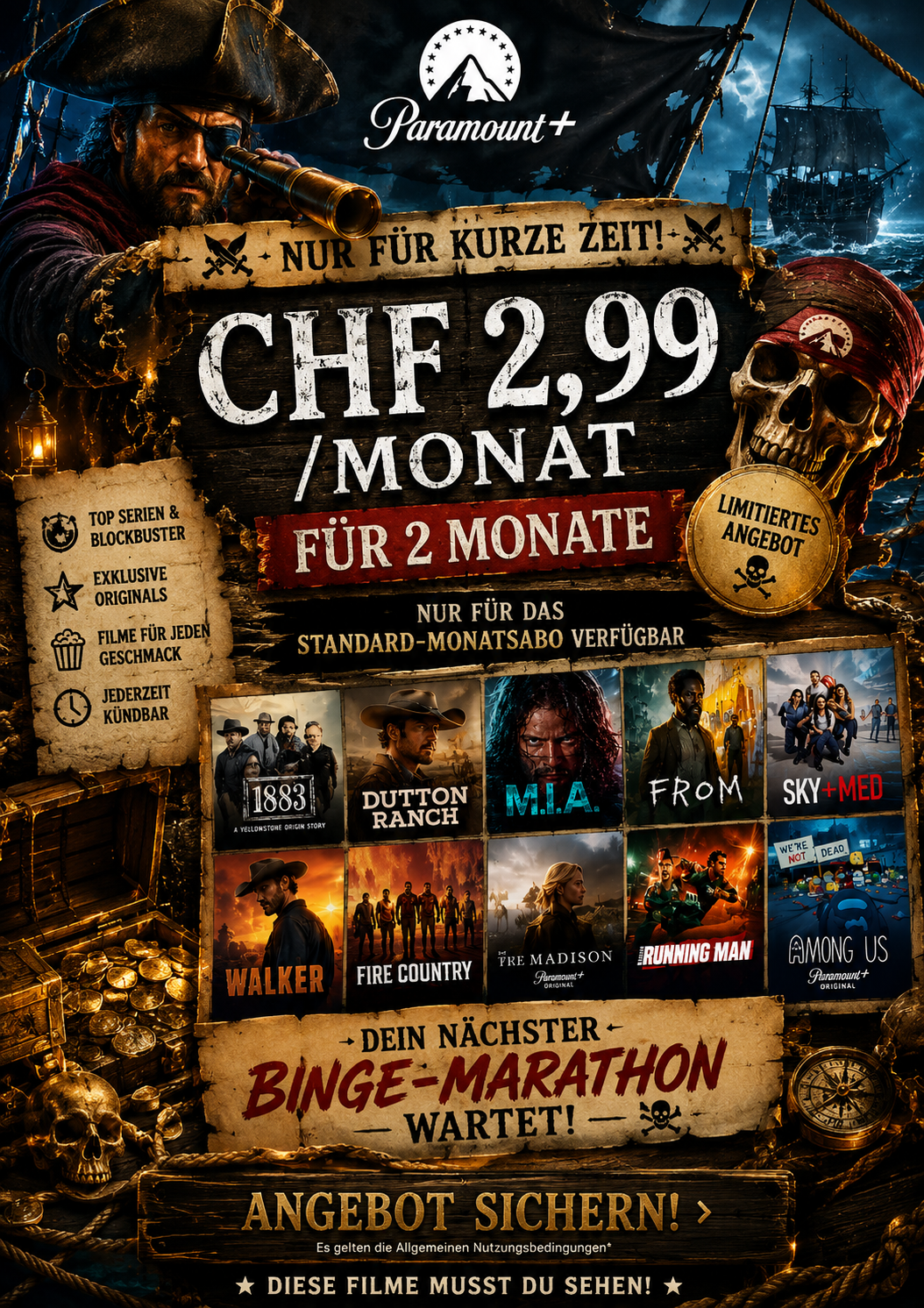 Paramount+ Standard 2 Monate für nur CHF 2.99/Monat