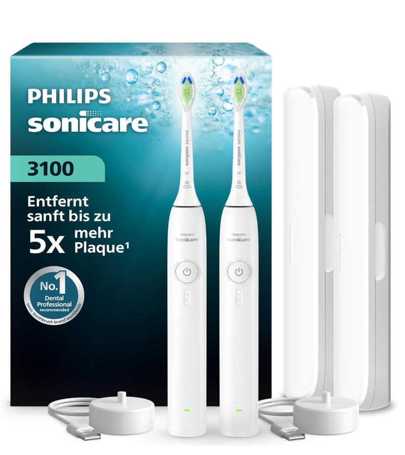 2er-Pack Philips Sonicare Series 3100 elektrische Schallzahnbürsten mit Reiseetuis (HX4072/41)