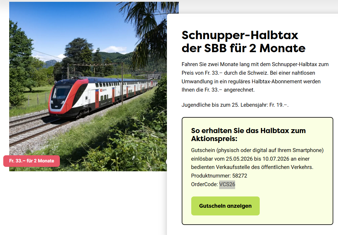 Schnupper-Halbtax der SBB für 2 Monate