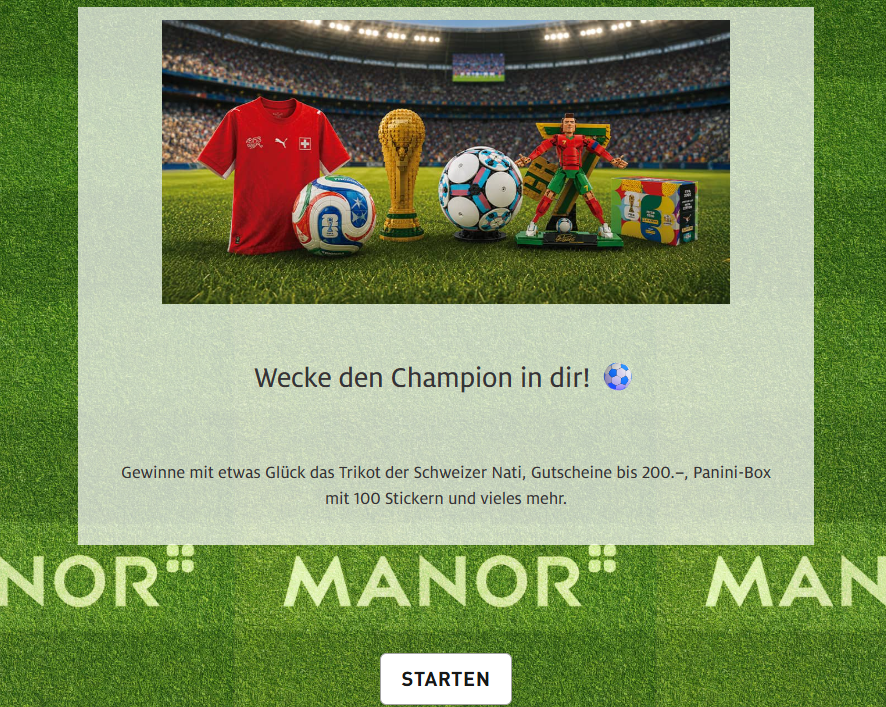 Manor WM-Gewinnspiel mit diversen Gutscheinen, Trikots u.v.m., z.B. CHF 20.- ab CHF 80.-