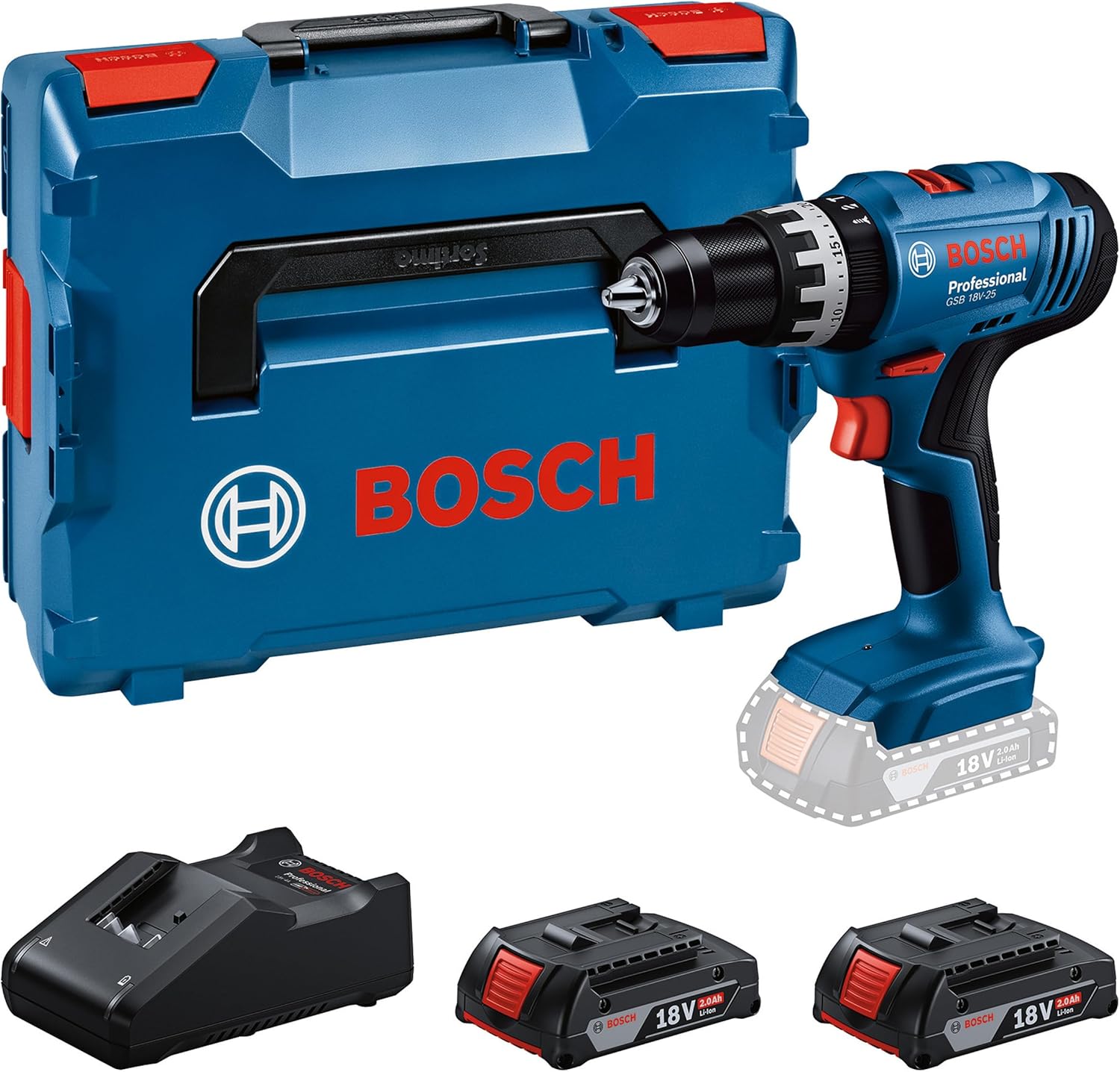 Bosch Professional GSB 18V-25 Akku-Schlagbohrschrauber (2x GBA 2.0 Ah, GAL 18V-40, L-BOXX)