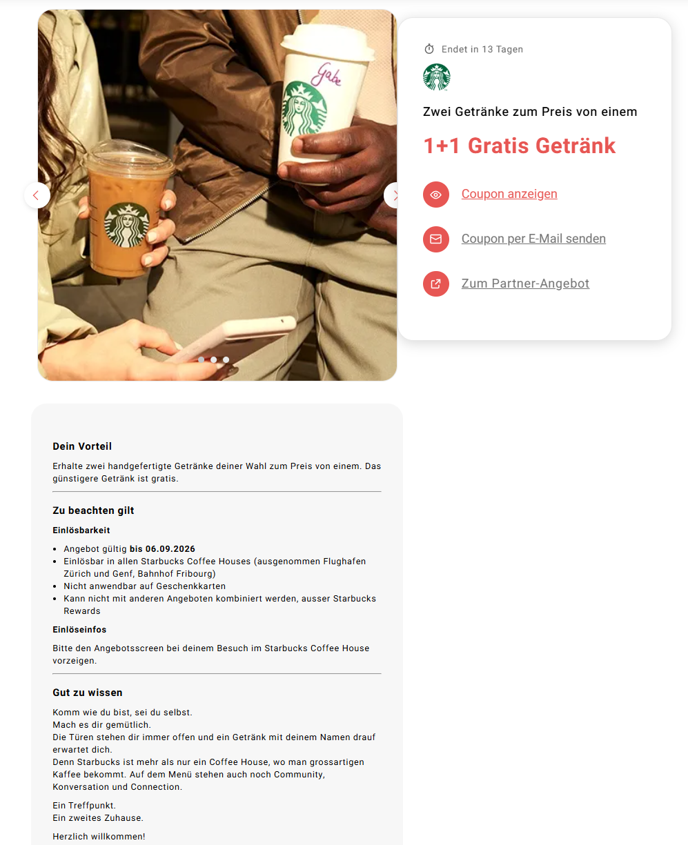 Starbucks 1+1 Gutschein: Zwei Getränke zum Preis von einem bis 6.9.